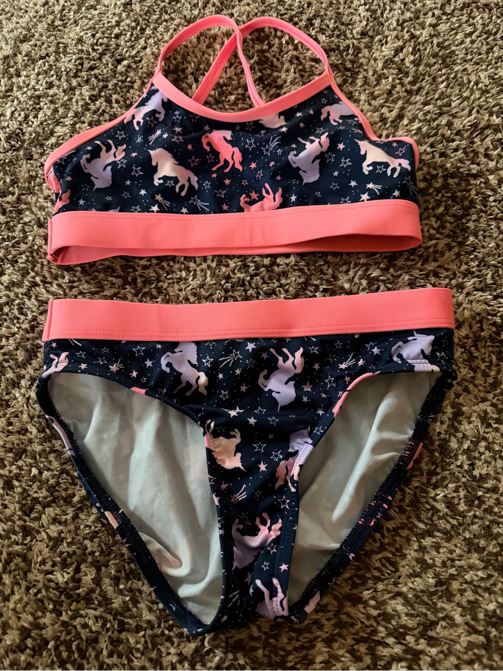 Lands End Girls Unicorn Print Bikini Set with Coral Trim